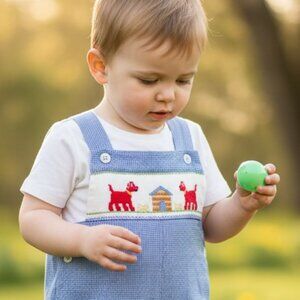 Claire & Charlie Smocked Dog Jon Jon Romper 18M Blue Gingham